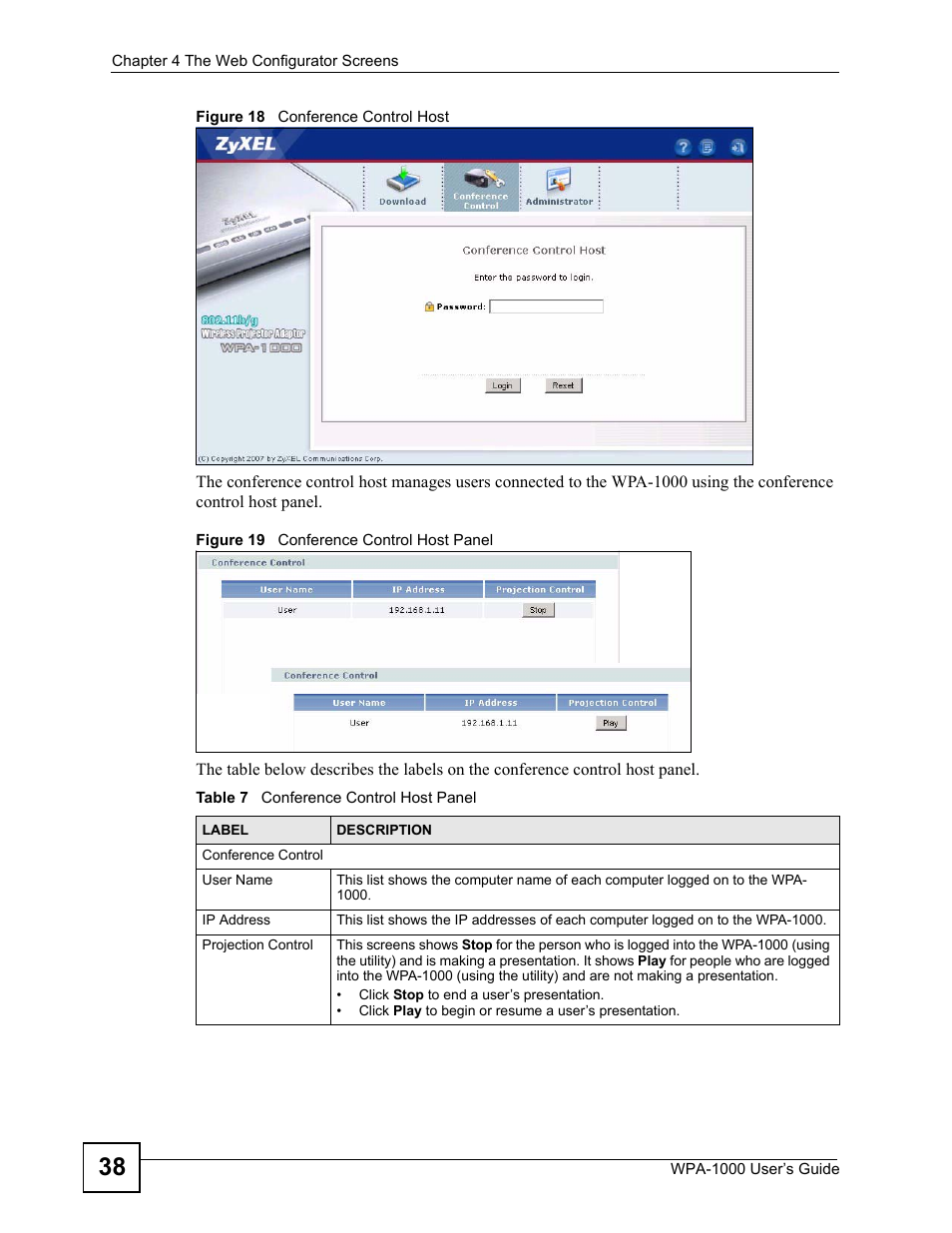 Table 7 conference control host panel | ZyXEL Communications WPA-1000 User Manual | Page 38 / 160