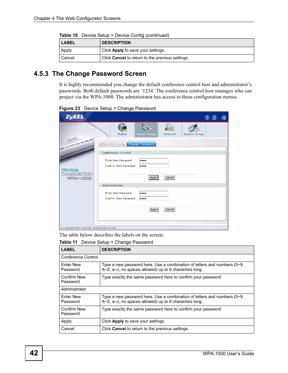 3 the change password screen, Figure 23 device setup > change password, Table 11 device setup > change password | ZyXEL Communications WPA-1000 User Manual | Page 42 / 160