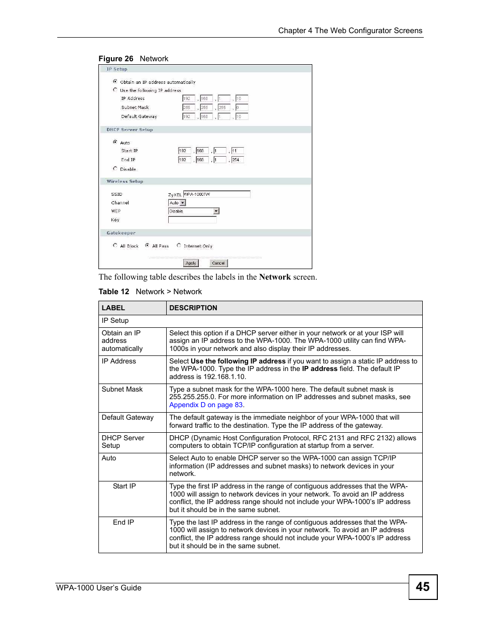 Figure 26 network, Table 12 network > network | ZyXEL Communications WPA-1000 User Manual | Page 45 / 160