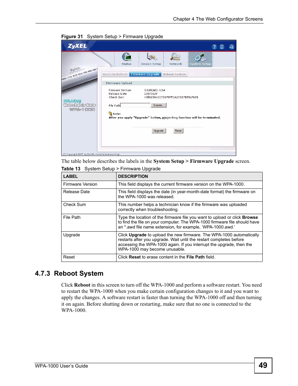 3 reboot system, Figure 31 system setup > firmware upgrade, Table 13 system setup > firmware upgrade | ZyXEL Communications WPA-1000 User Manual | Page 49 / 160