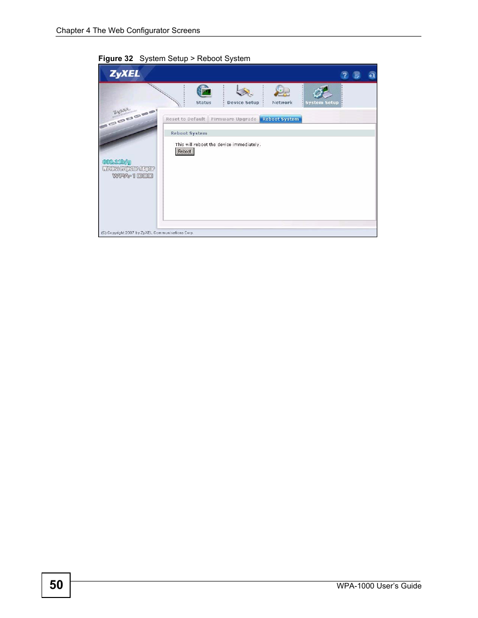 Figure 32 system setup > reboot system | ZyXEL Communications WPA-1000 User Manual | Page 50 / 160