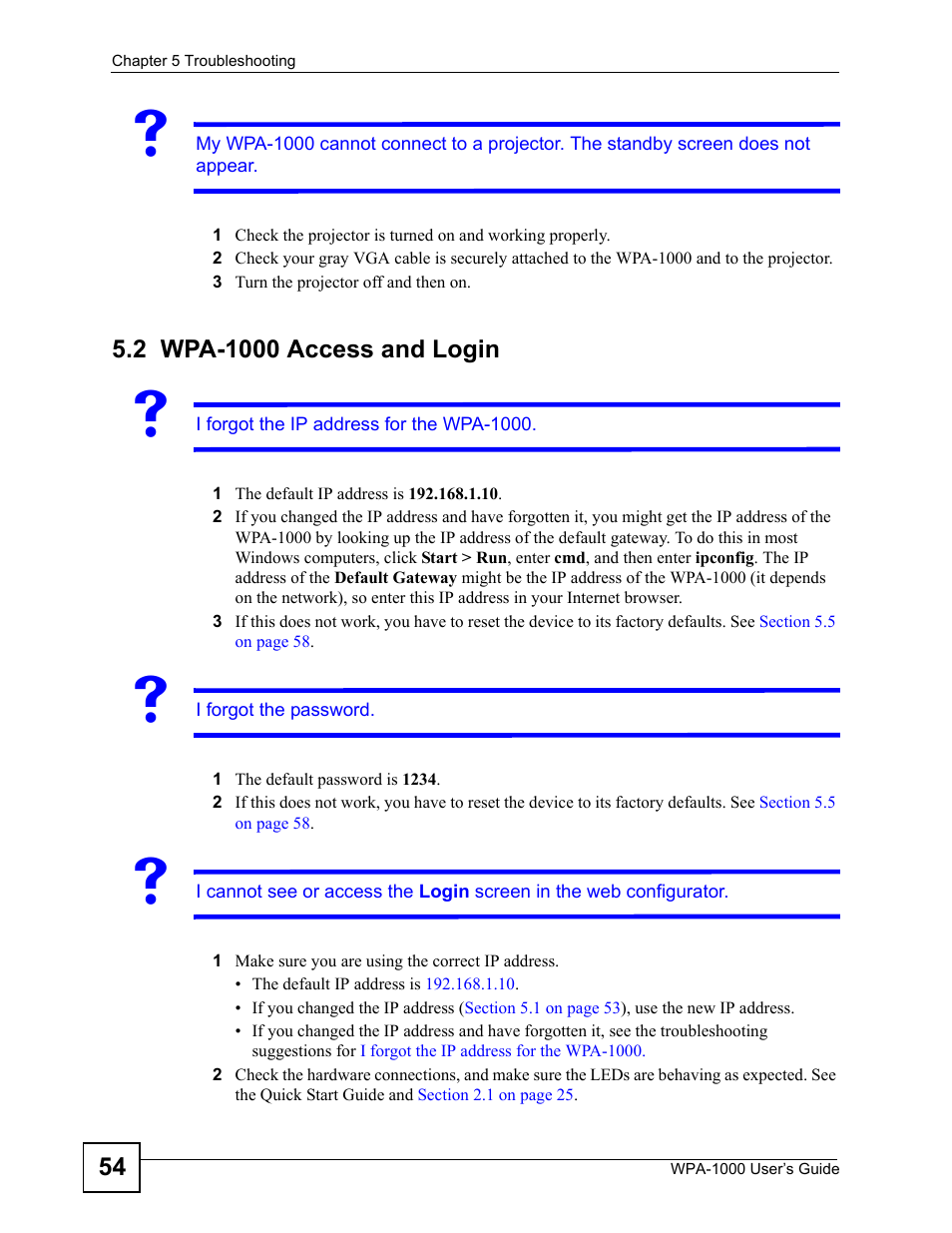 2 wpa-1000 access and login, Wpa-1000 access and login | ZyXEL Communications WPA-1000 User Manual | Page 54 / 160