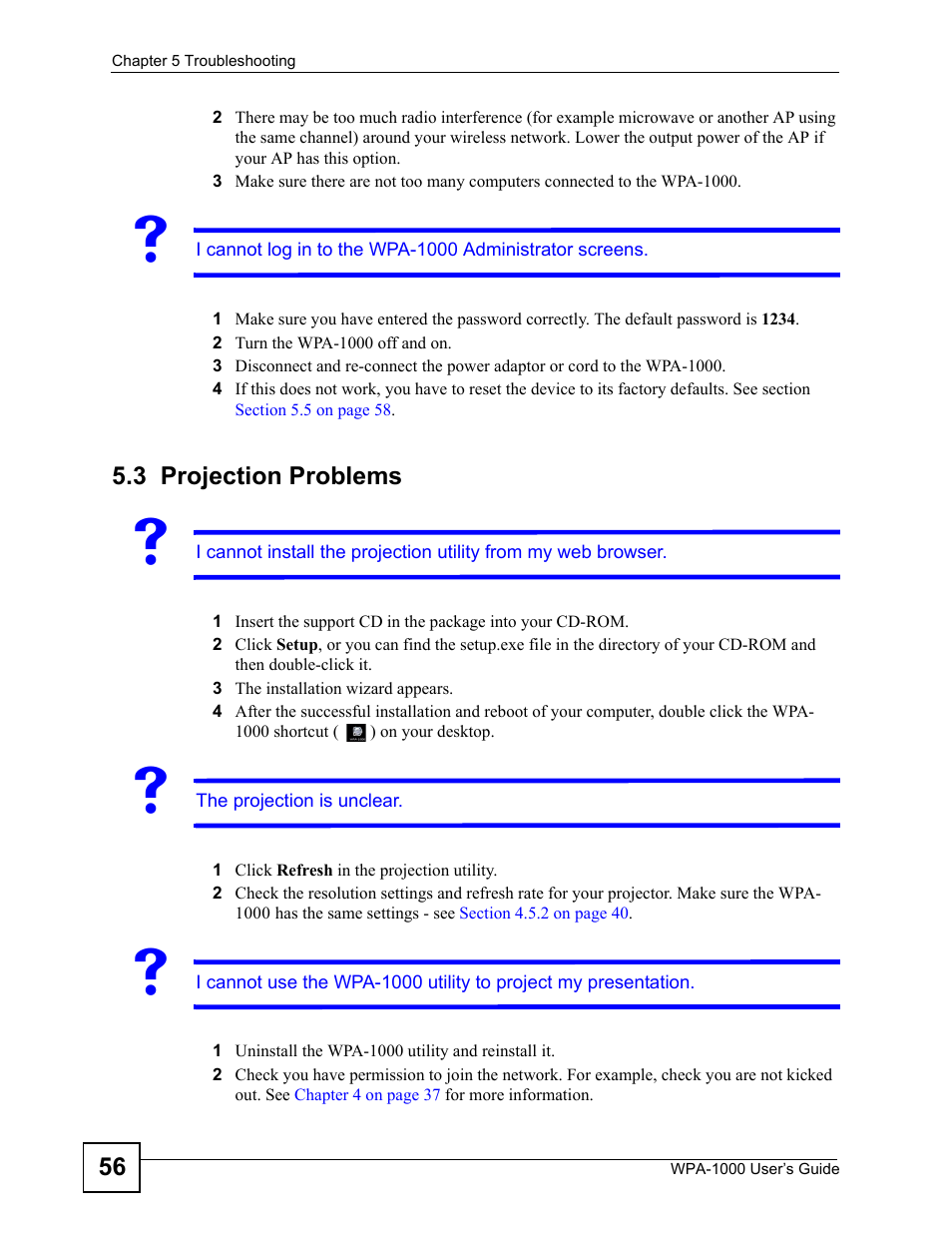 3 projection problems, Projection problems | ZyXEL Communications WPA-1000 User Manual | Page 56 / 160