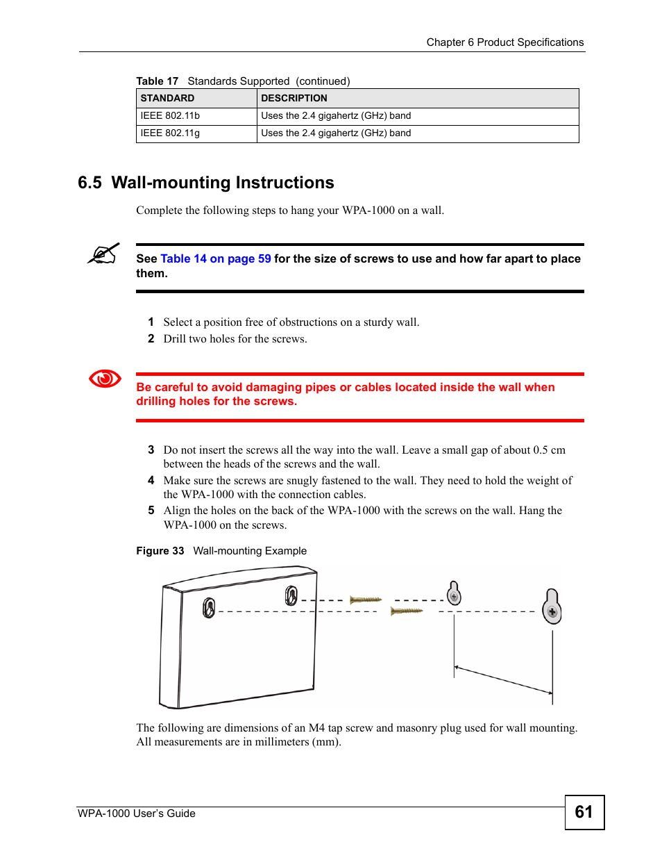 5 wall-mounting instructions, Figure 33 wall-mounting example, 61 6.5 wall-mounting instructions | ZyXEL Communications WPA-1000 User Manual | Page 61 / 160