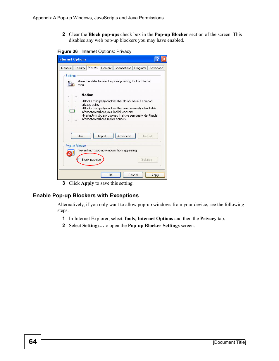 Figure 36 internet options: privacy | ZyXEL Communications WPA-1000 User Manual | Page 64 / 160