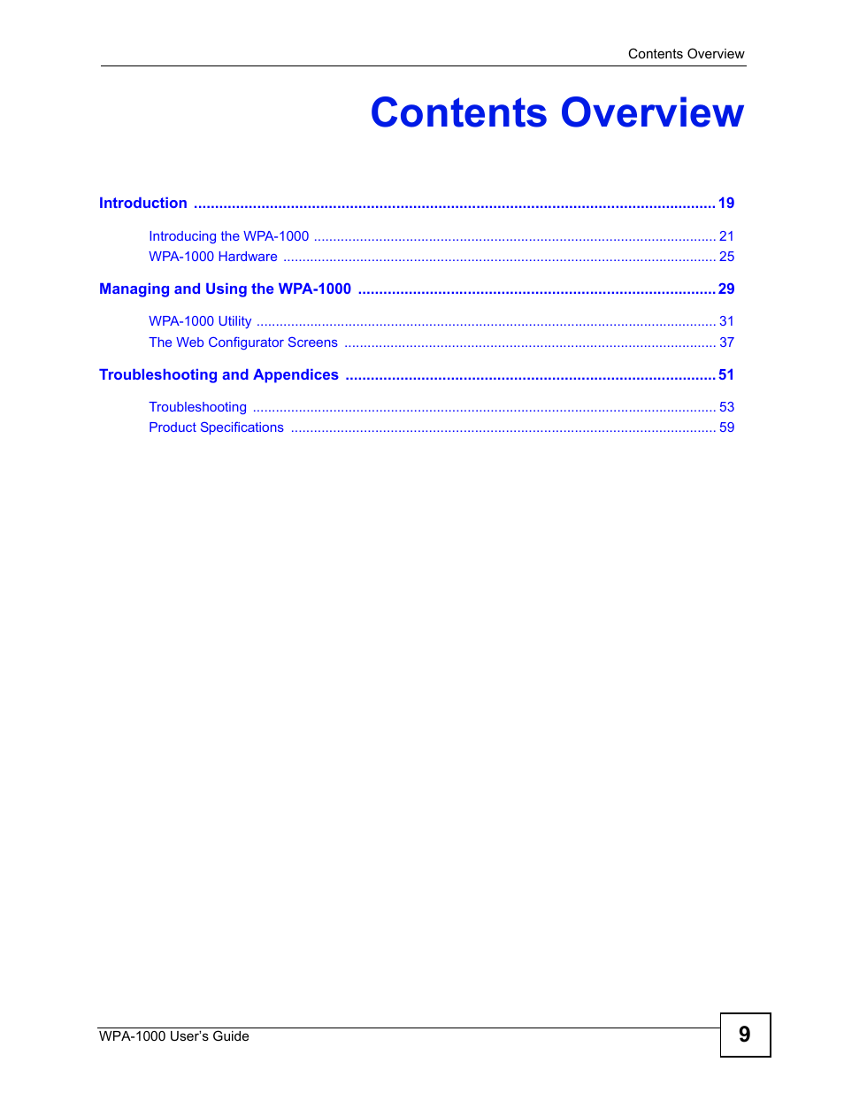 Contents overview | ZyXEL Communications WPA-1000 User Manual | Page 9 / 160