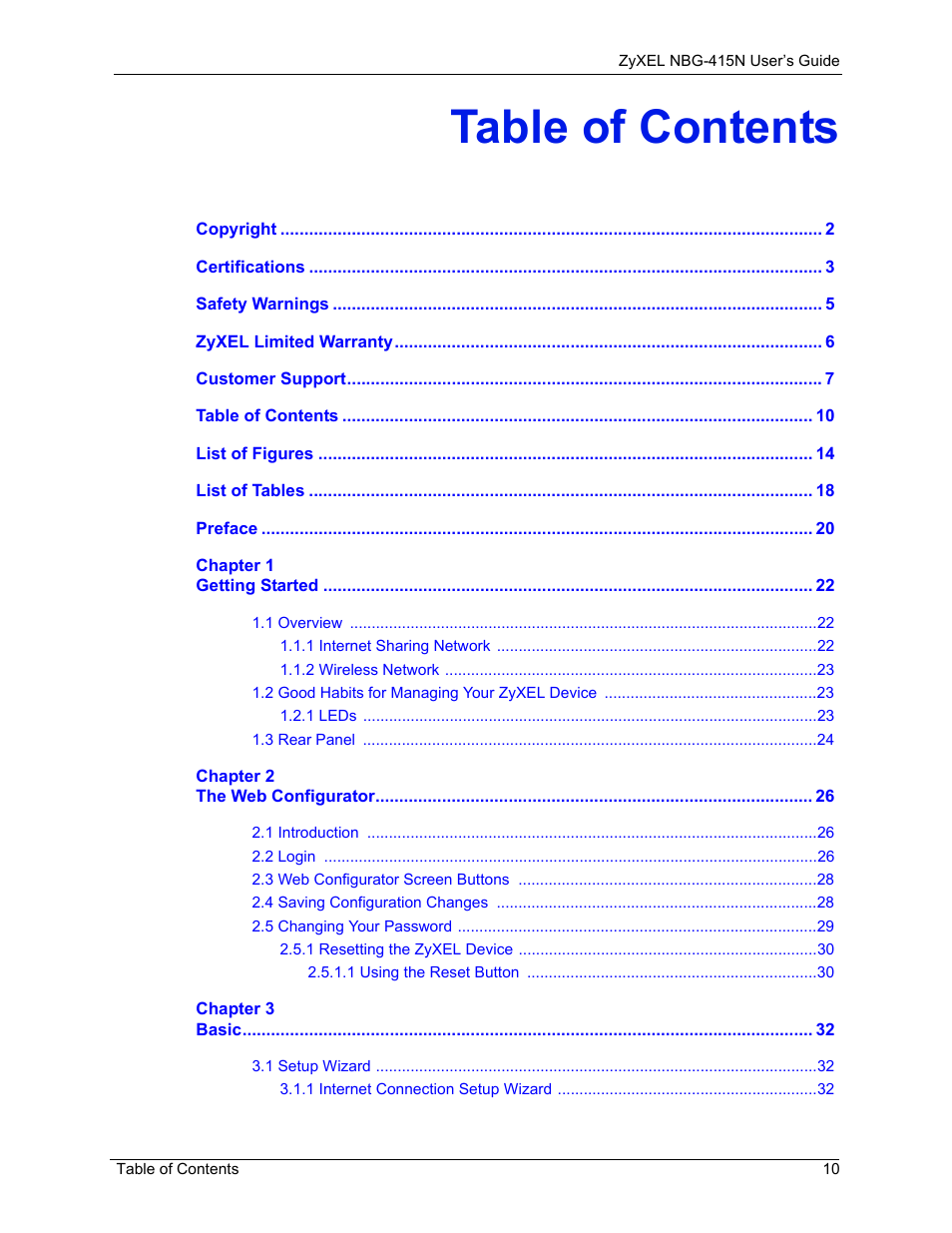 ZyXEL Communications NBG-415N User Manual | Page 10 / 155