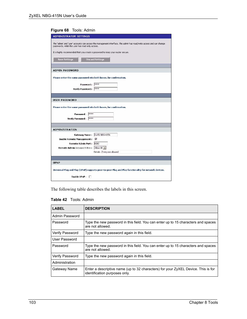Figure 68 tools: admin, Table 42 tools: admin | ZyXEL Communications NBG-415N User Manual | Page 103 / 155