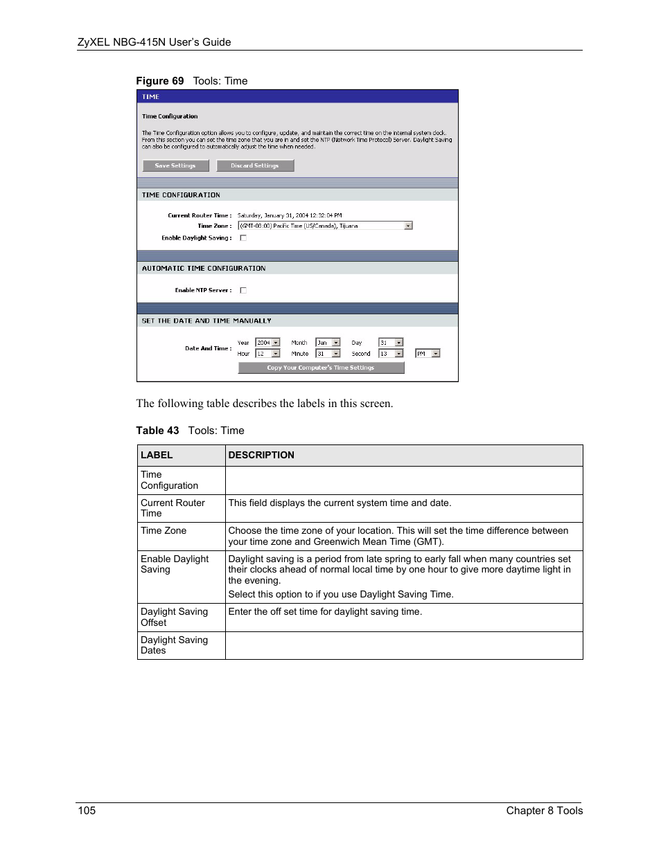 Figure 69 tools: time, Table 43 tools: time | ZyXEL Communications NBG-415N User Manual | Page 105 / 155