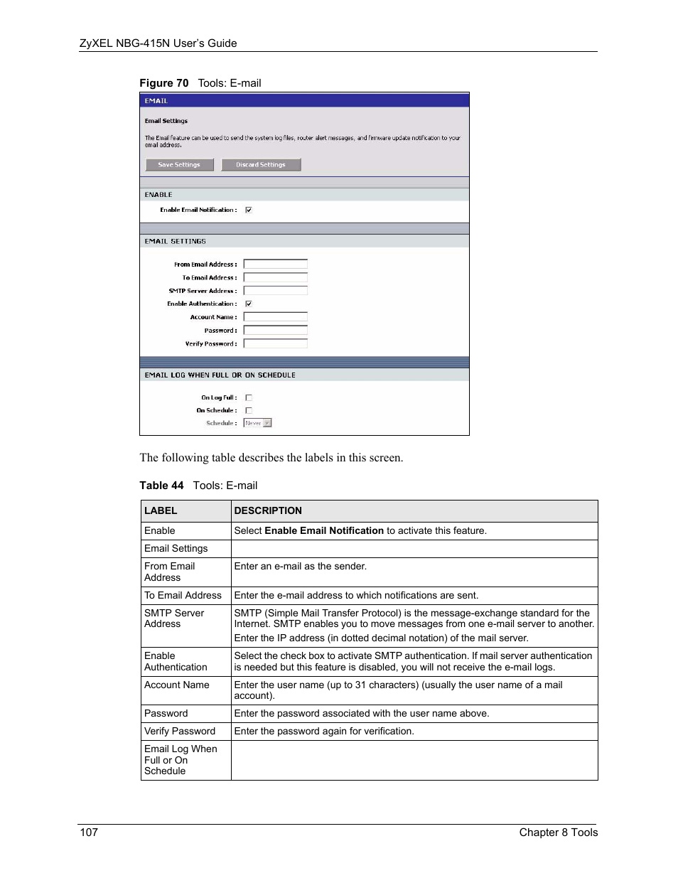 Figure 70 tools: e-mail, Table 44 tools: e-mail | ZyXEL Communications NBG-415N User Manual | Page 107 / 155