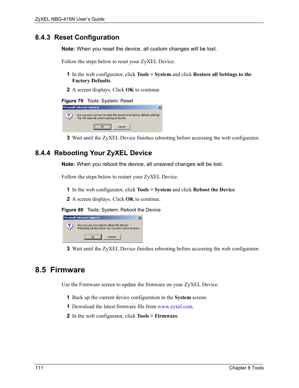 3 reset configuration, 4 rebooting your zyxel device, 5 firmware | ZyXEL Communications NBG-415N User Manual | Page 111 / 155