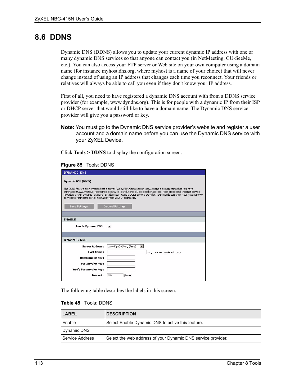 6 ddns, Figure 85 tools: ddns, Table 45 tools: ddns | ZyXEL Communications NBG-415N User Manual | Page 113 / 155