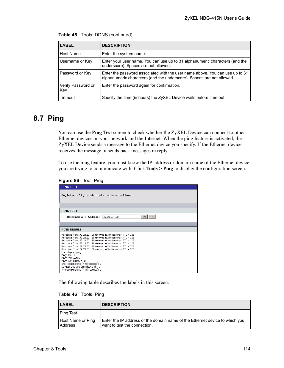 7 ping, Figure 86 tool: ping, Table 46 tools: ping | ZyXEL Communications NBG-415N User Manual | Page 114 / 155