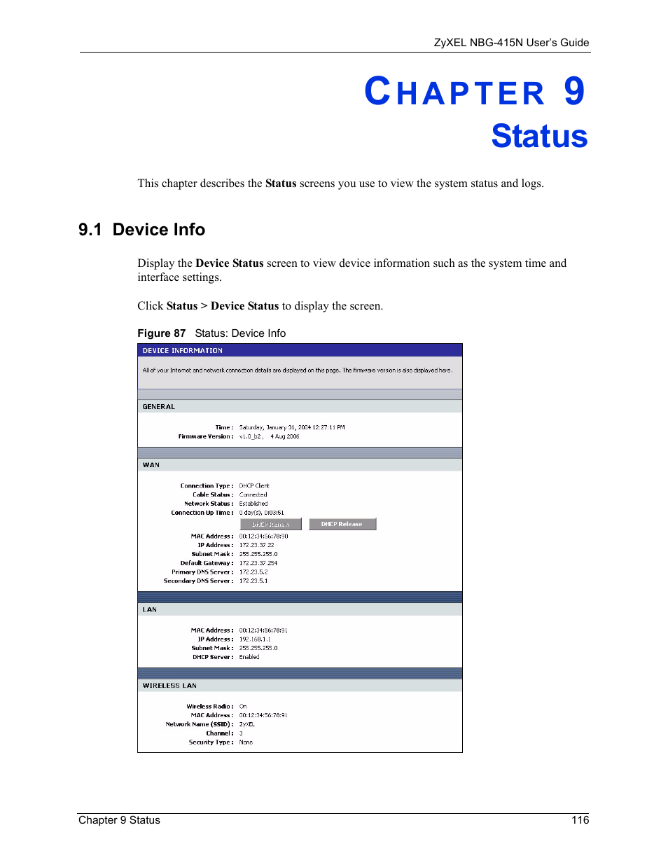 Status, 1 device info, Chapter 9 status | Figure 87 status: device info | ZyXEL Communications NBG-415N User Manual | Page 116 / 155