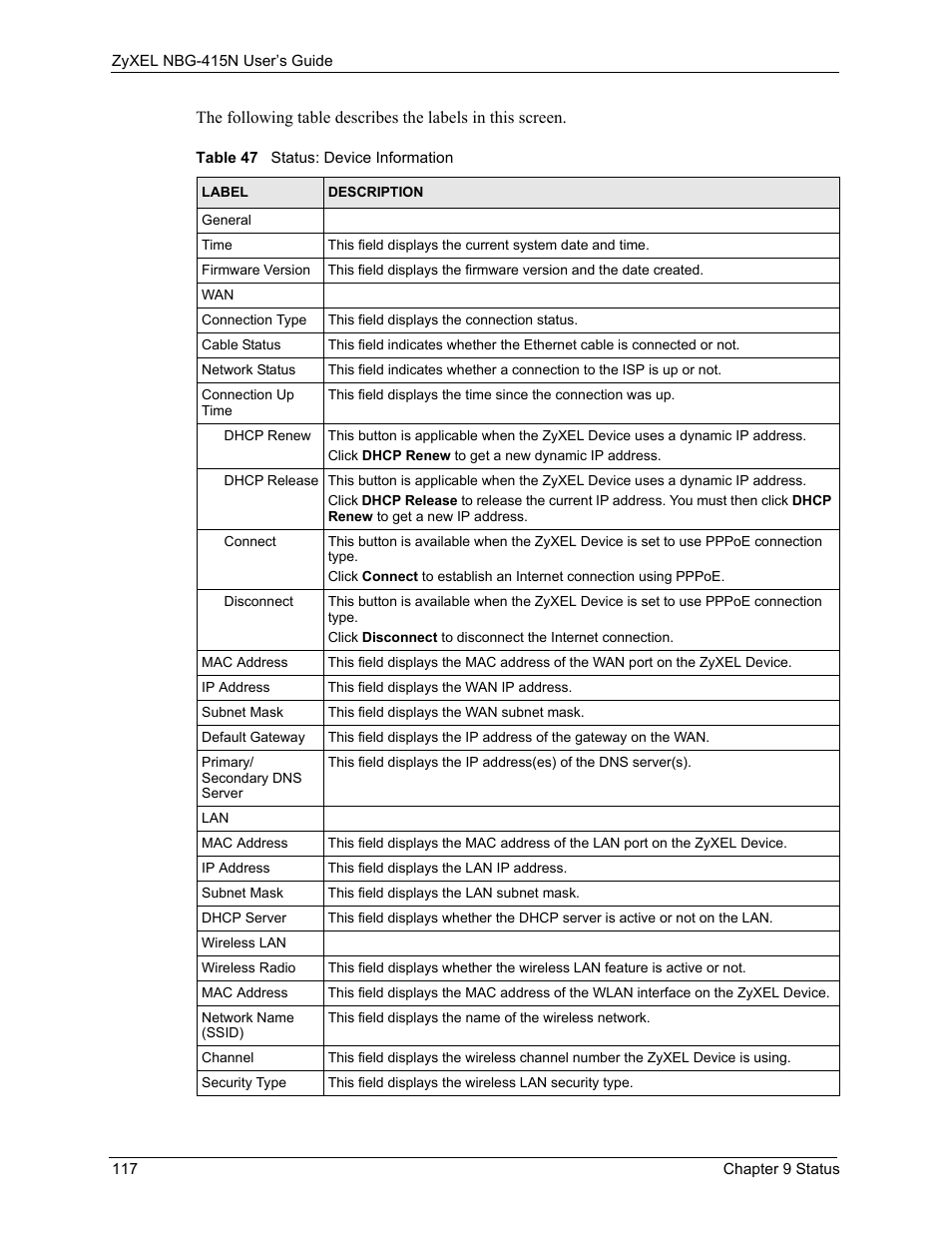 Table 47 status: device information | ZyXEL Communications NBG-415N User Manual | Page 117 / 155