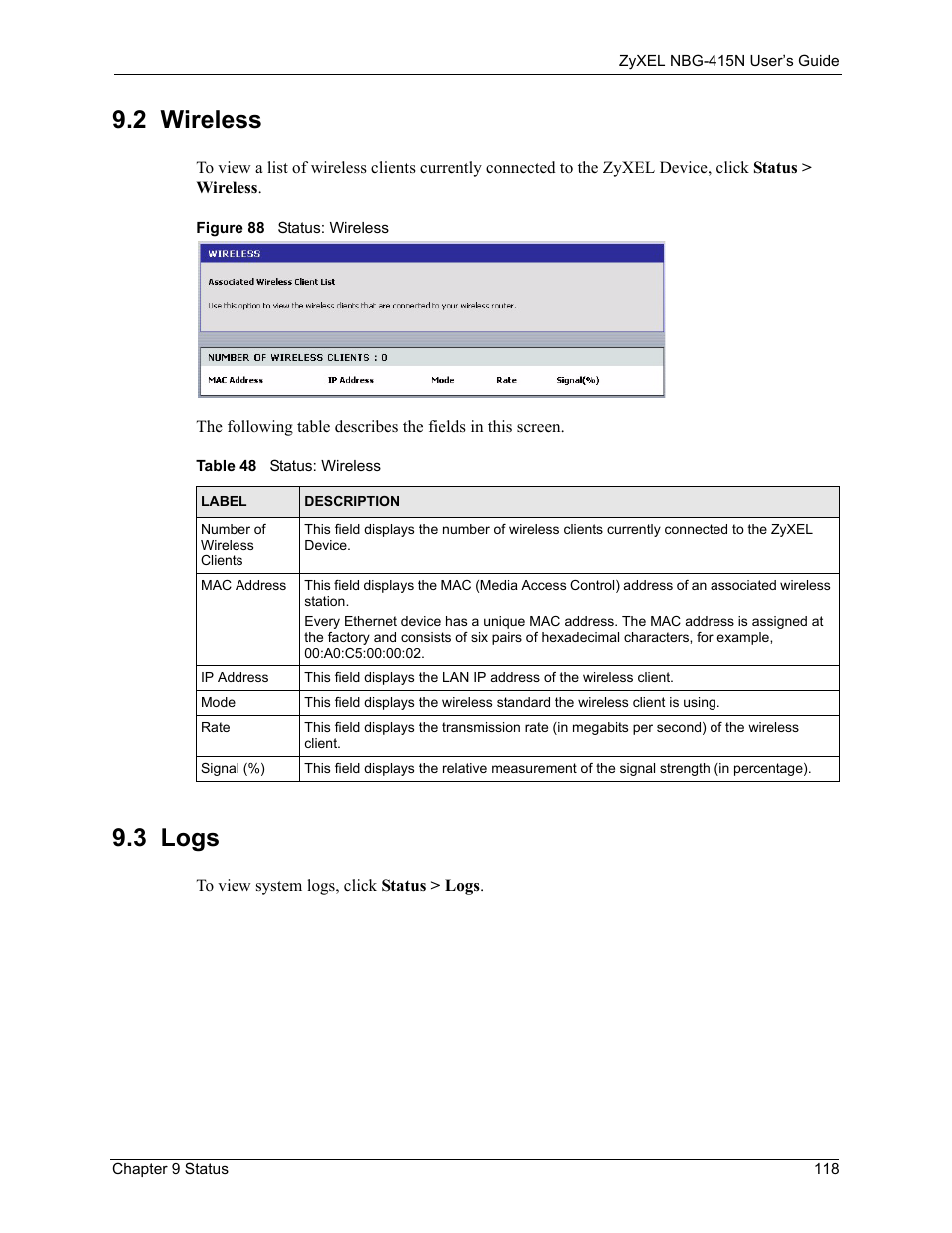 2 wireless, 3 logs, 2 wireless 9.3 logs | Figure 88 status: wireless, Table 48 status: wireless | ZyXEL Communications NBG-415N User Manual | Page 118 / 155