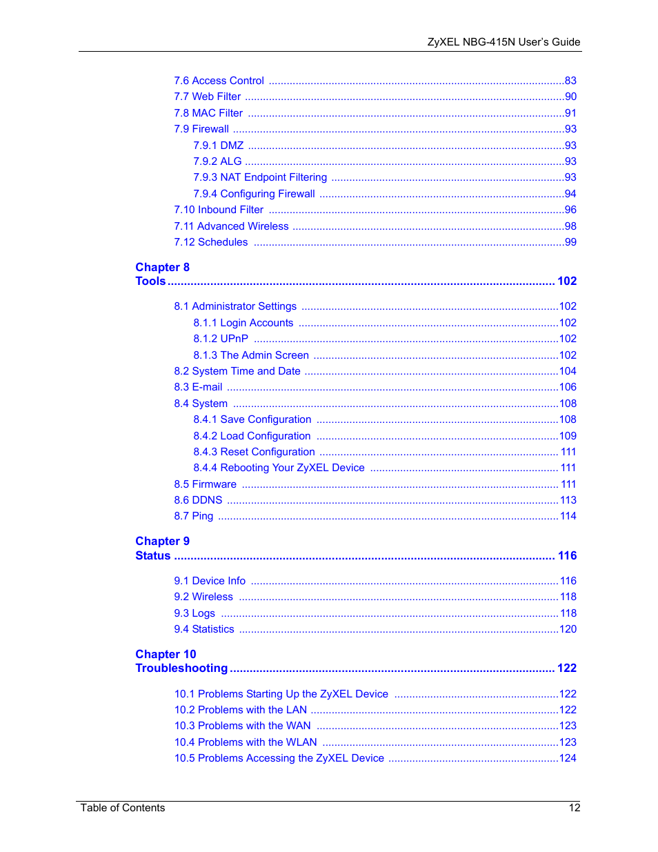 ZyXEL Communications NBG-415N User Manual | Page 12 / 155