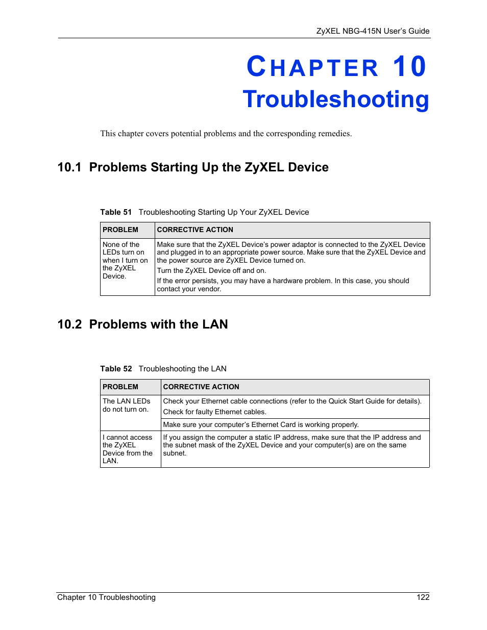 Troubleshooting, 1 problems starting up the zyxel device, 2 problems with the lan | Chapter 10 troubleshooting | ZyXEL Communications NBG-415N User Manual | Page 122 / 155