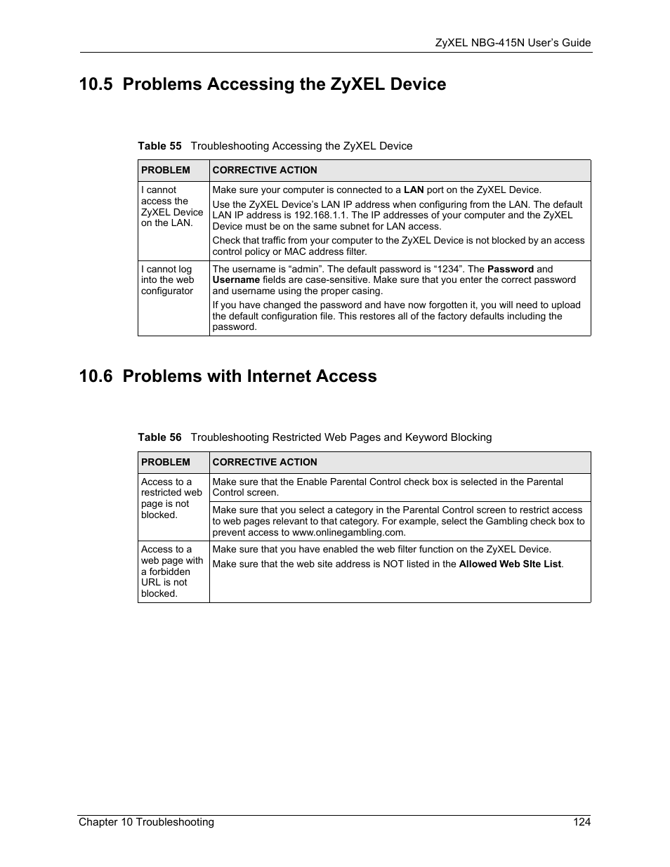 5 problems accessing the zyxel device, 6 problems with internet access | ZyXEL Communications NBG-415N User Manual | Page 124 / 155