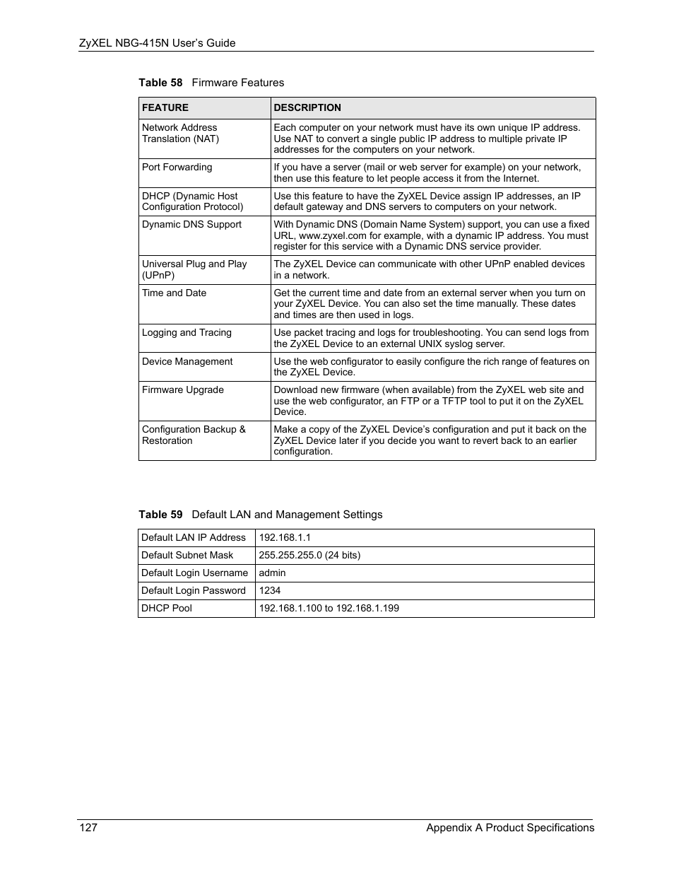 Table 59 default lan and management settings | ZyXEL Communications NBG-415N User Manual | Page 127 / 155