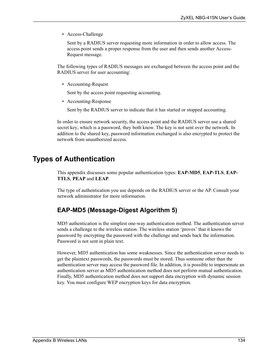 Types of authentication, Eap-md5 (message-digest algorithm 5) | ZyXEL Communications NBG-415N User Manual | Page 134 / 155