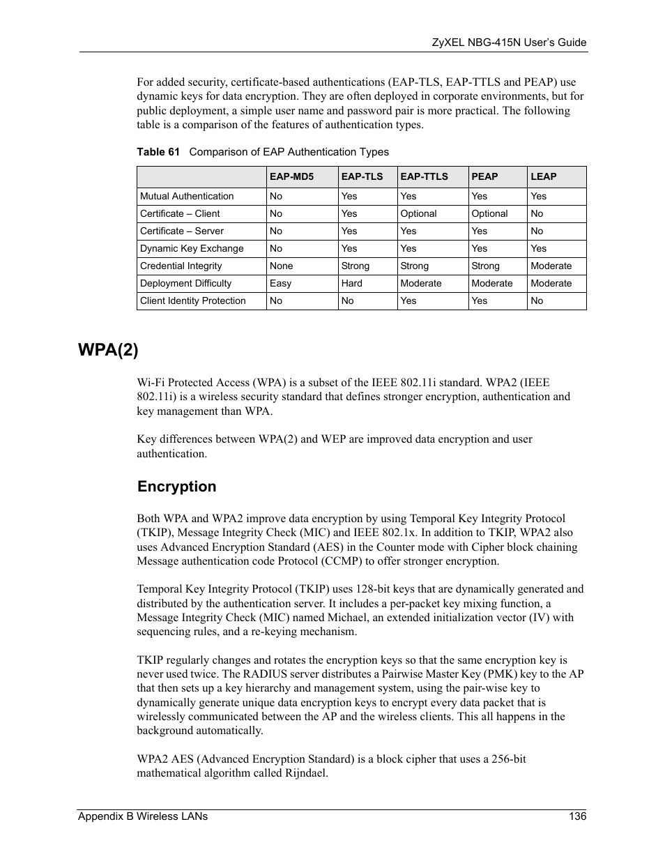 Table 61 comparison of eap authentication types, Wpa(2), Encryption | ZyXEL Communications NBG-415N User Manual | Page 136 / 155