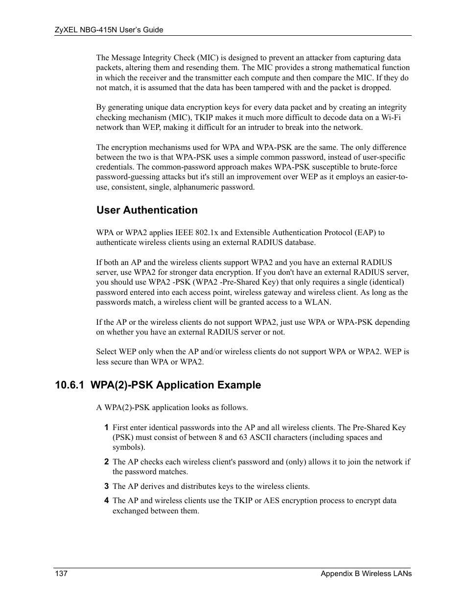 1 wpa(2)-psk application example, User authentication | ZyXEL Communications NBG-415N User Manual | Page 137 / 155