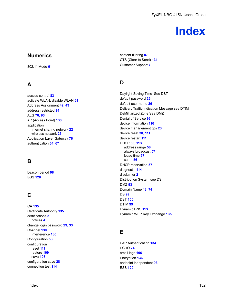 Index, Numerics | ZyXEL Communications NBG-415N User Manual | Page 152 / 155