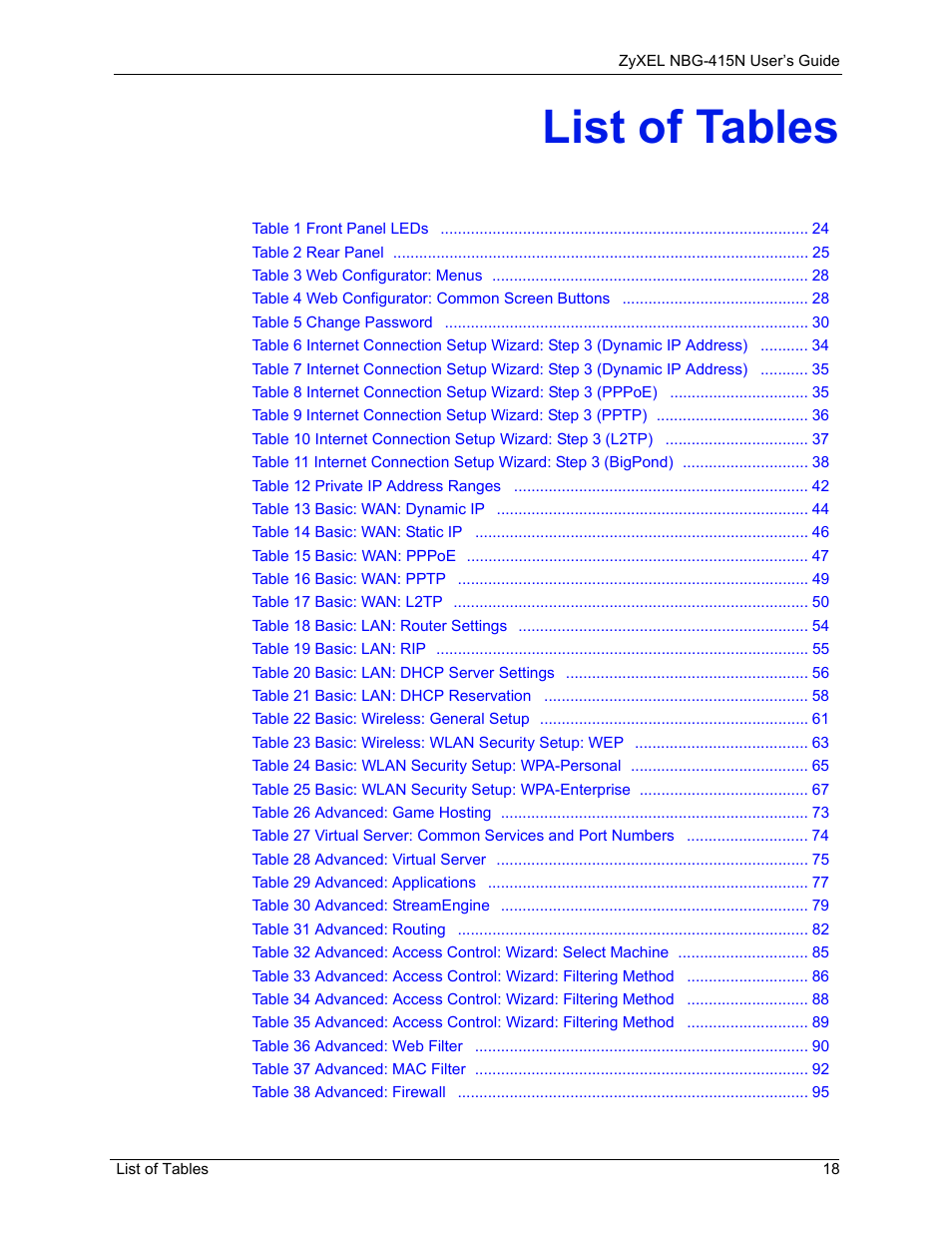 List of tables | ZyXEL Communications NBG-415N User Manual | Page 18 / 155