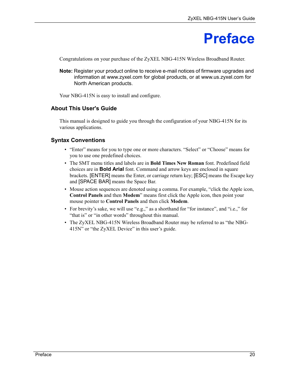 Preface | ZyXEL Communications NBG-415N User Manual | Page 20 / 155