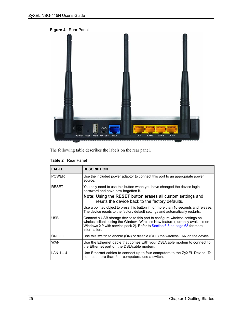 Figure 4 rear panel, Table 2 rear panel | ZyXEL Communications NBG-415N User Manual | Page 25 / 155