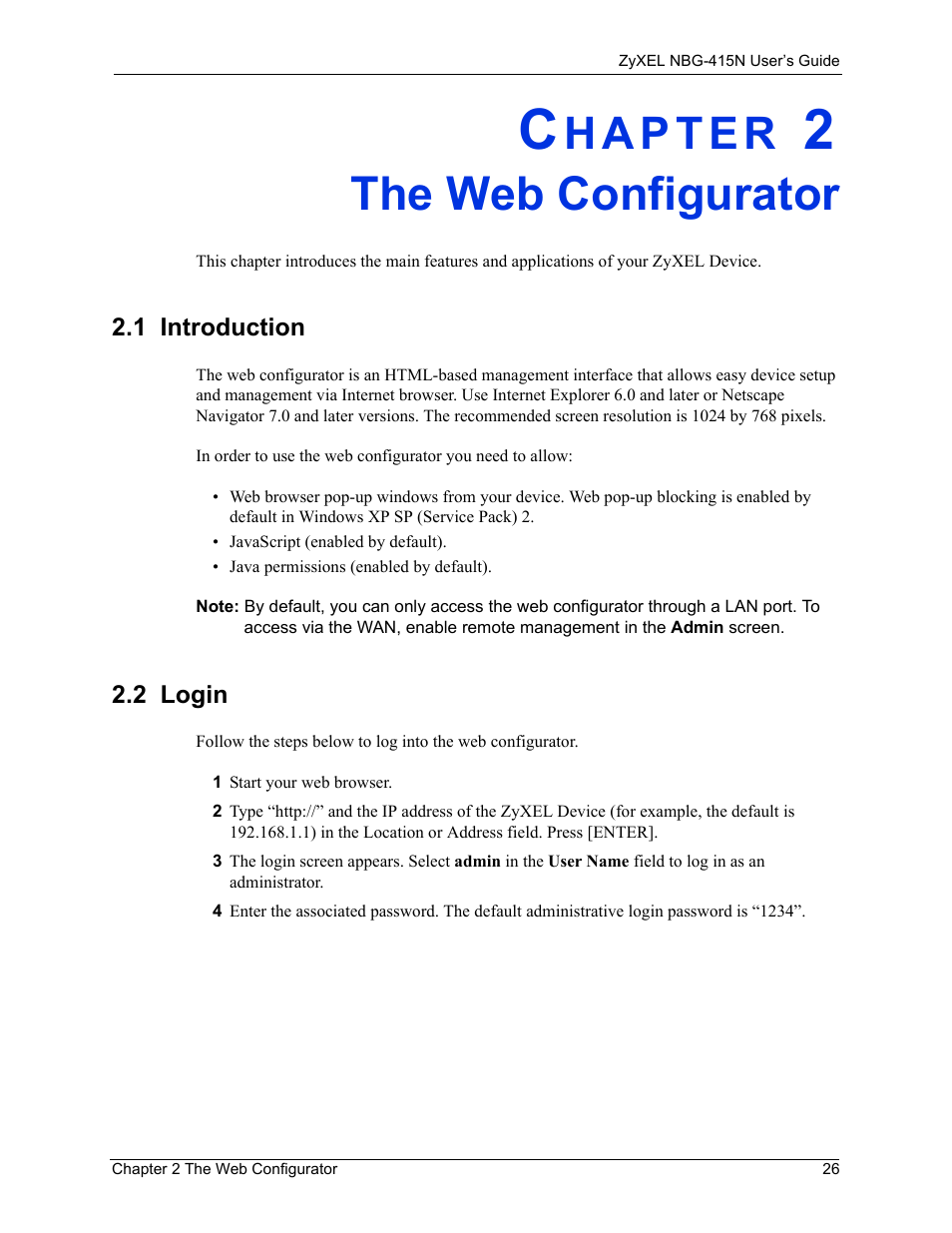 The web configurator, 1 introduction, 2 login | Chapter 2 the web configurator, 1 introduction 2.2 login | ZyXEL Communications NBG-415N User Manual | Page 26 / 155