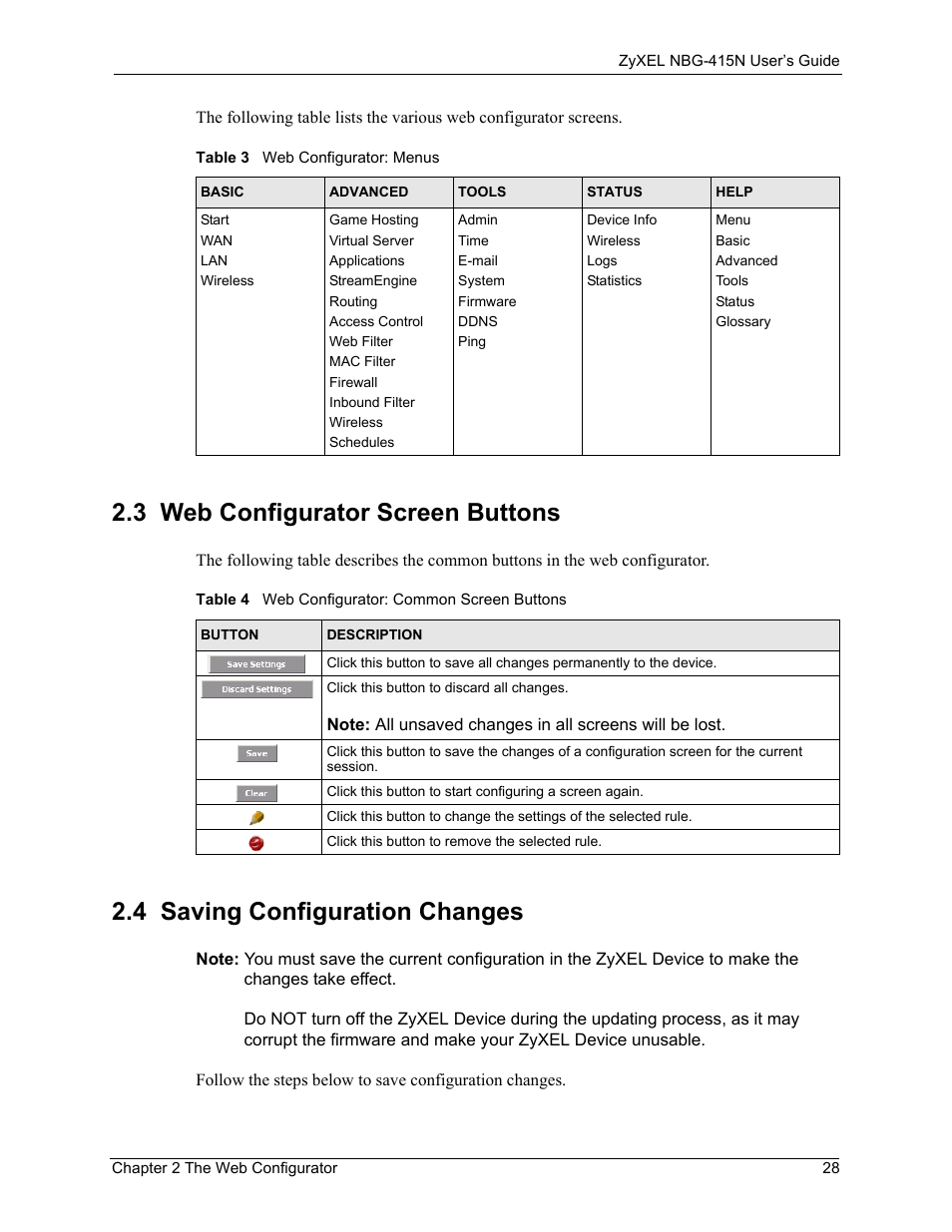 3 web configurator screen buttons, 4 saving configuration changes | ZyXEL Communications NBG-415N User Manual | Page 28 / 155