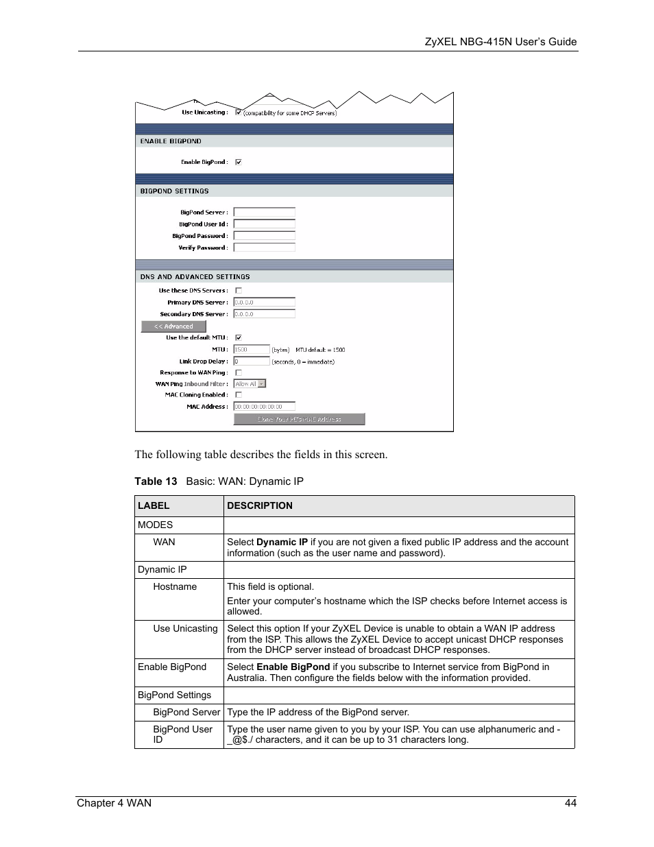 Table 13 basic: wan: dynamic ip | ZyXEL Communications NBG-415N User Manual | Page 44 / 155