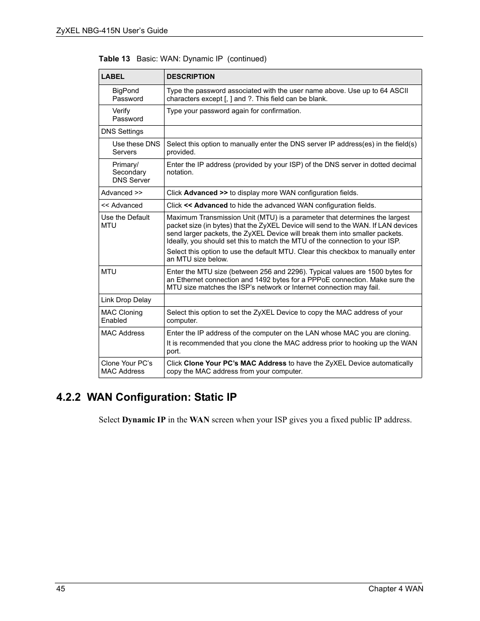 2 wan configuration: static ip | ZyXEL Communications NBG-415N User Manual | Page 45 / 155