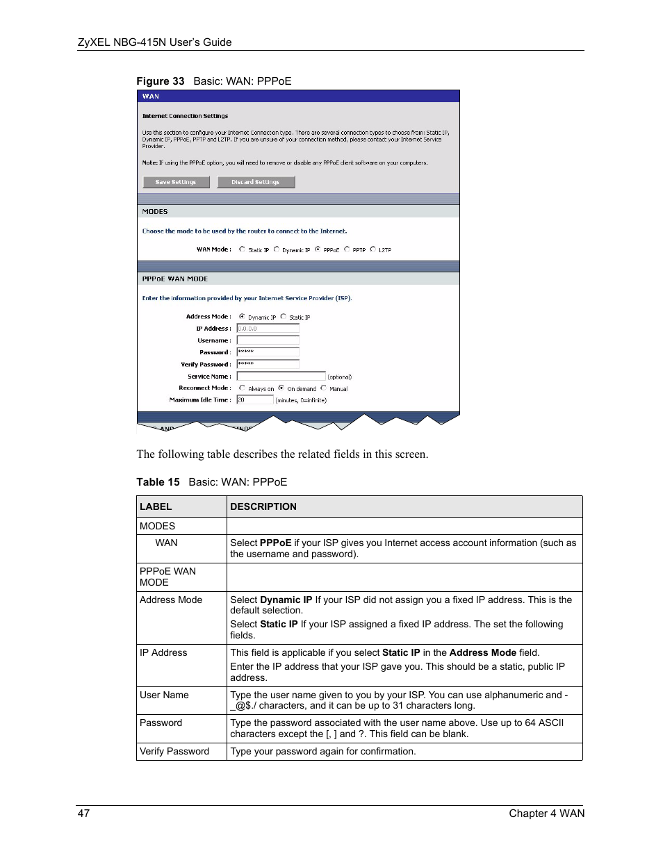 Figure 33 basic: wan: pppoe, Table 15 basic: wan: pppoe | ZyXEL Communications NBG-415N User Manual | Page 47 / 155