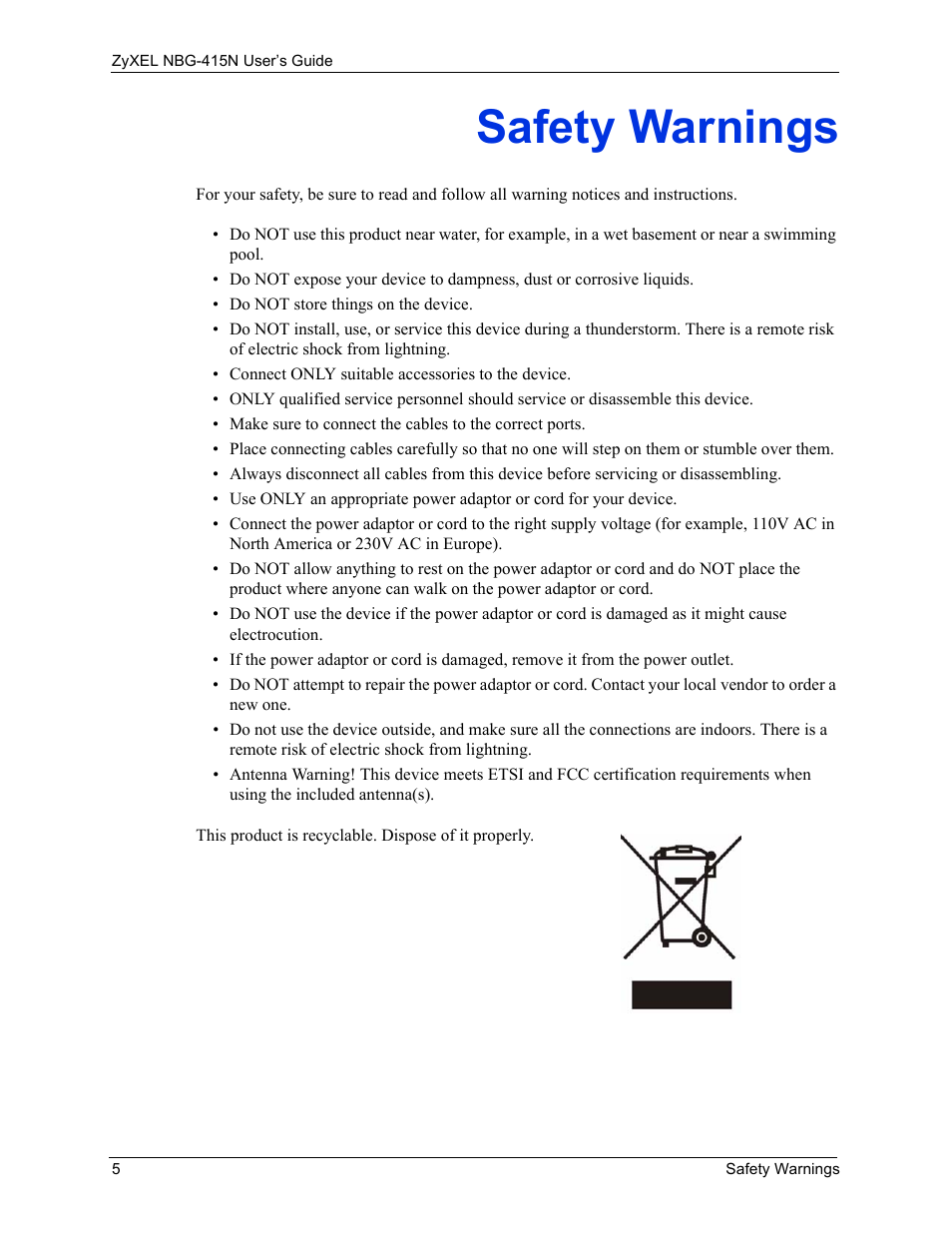 Safety warnings | ZyXEL Communications NBG-415N User Manual | Page 5 / 155