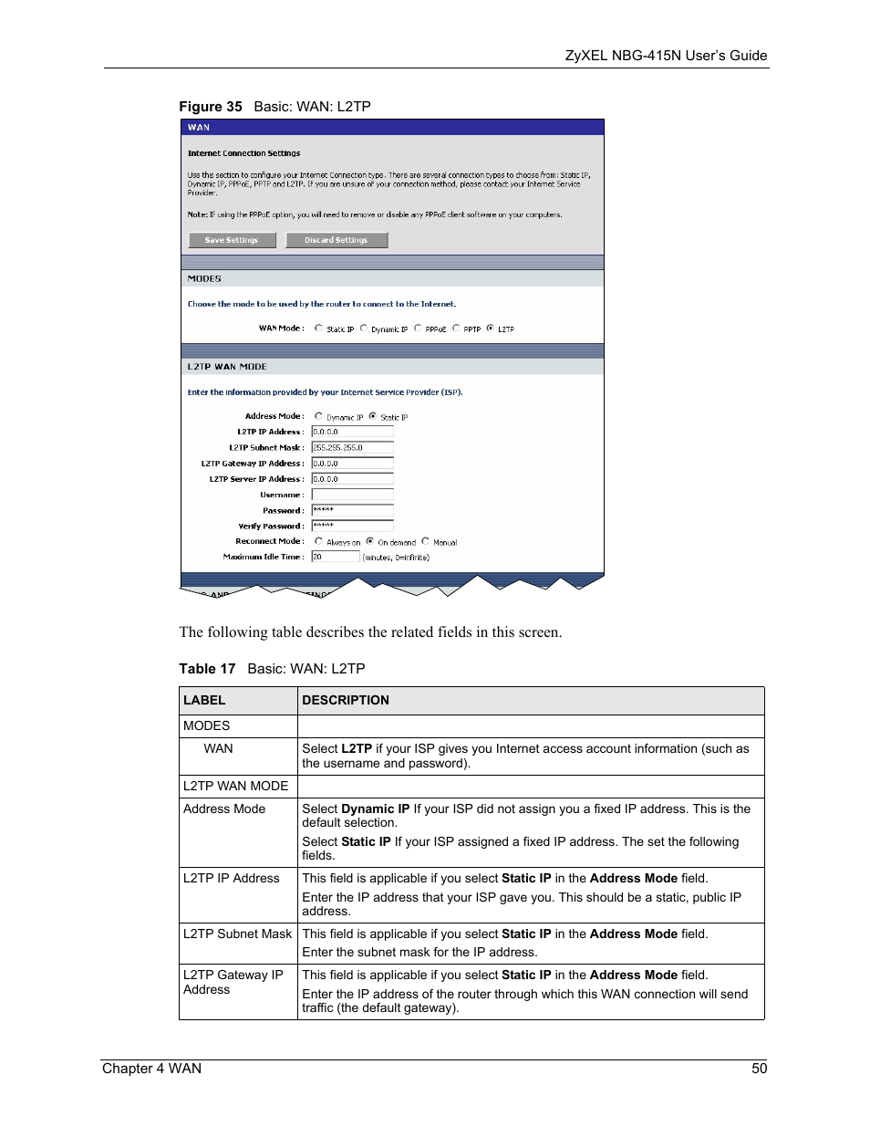 Figure 35 basic: wan: l2tp, Table 17 basic: wan: l2tp | ZyXEL Communications NBG-415N User Manual | Page 50 / 155