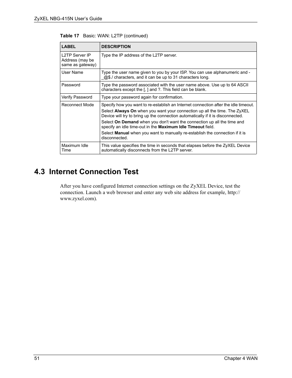 3 internet connection test | ZyXEL Communications NBG-415N User Manual | Page 51 / 155