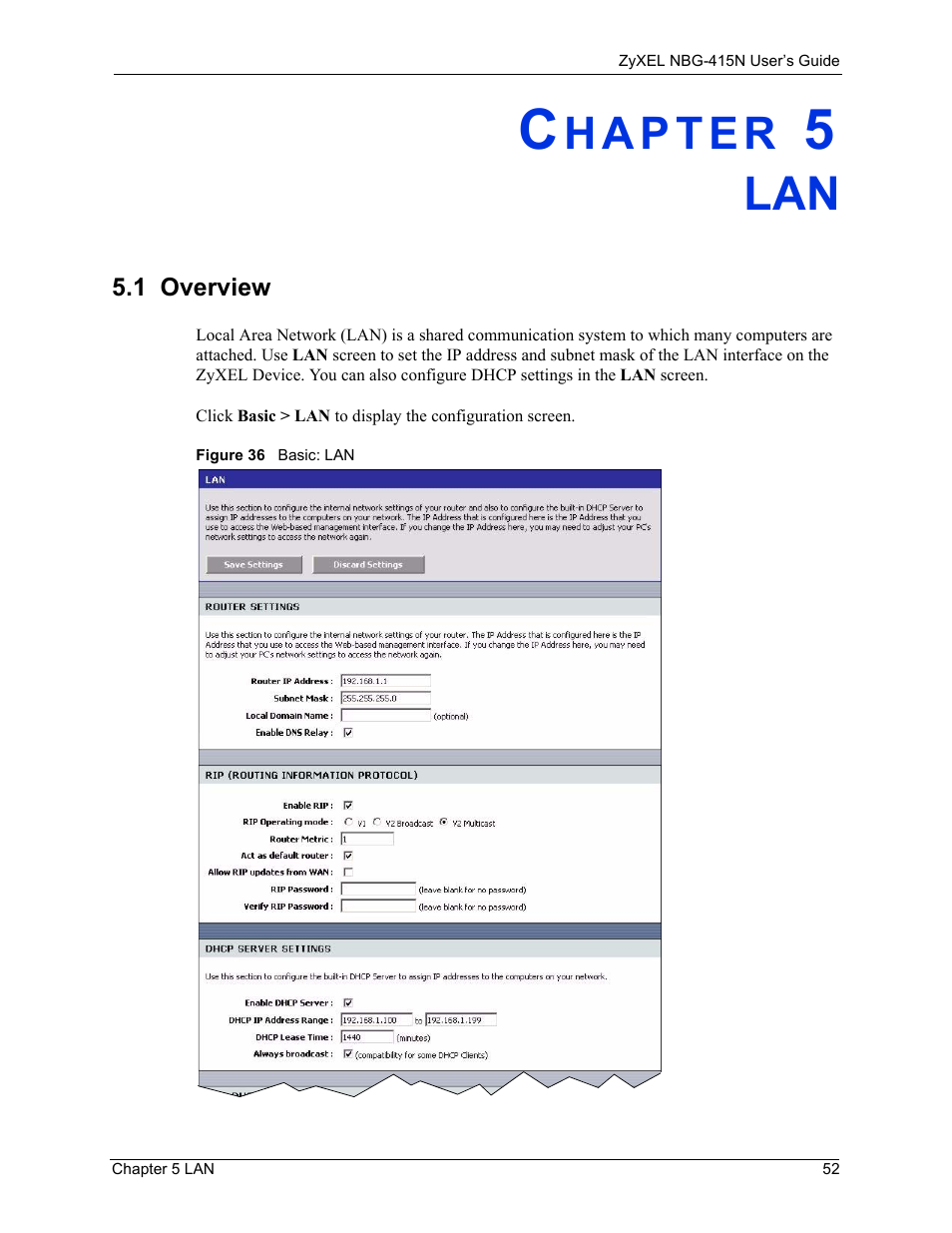 1 overview, Chapter 5 lan, Figure 36 basic: lan | ZyXEL Communications NBG-415N User Manual | Page 52 / 155