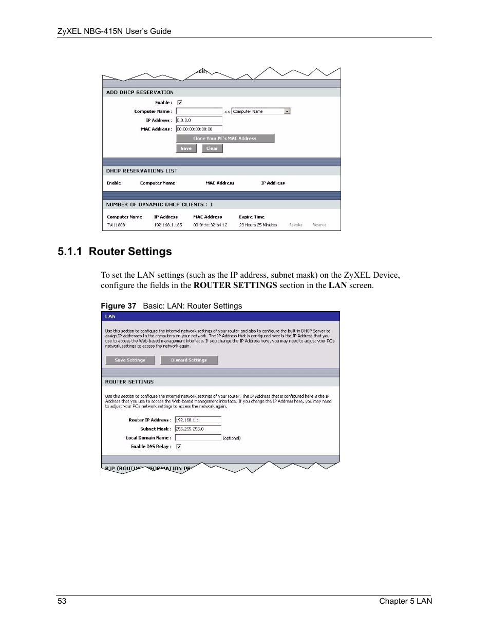 1 router settings, Figure 37 basic: lan: router settings | ZyXEL Communications NBG-415N User Manual | Page 53 / 155