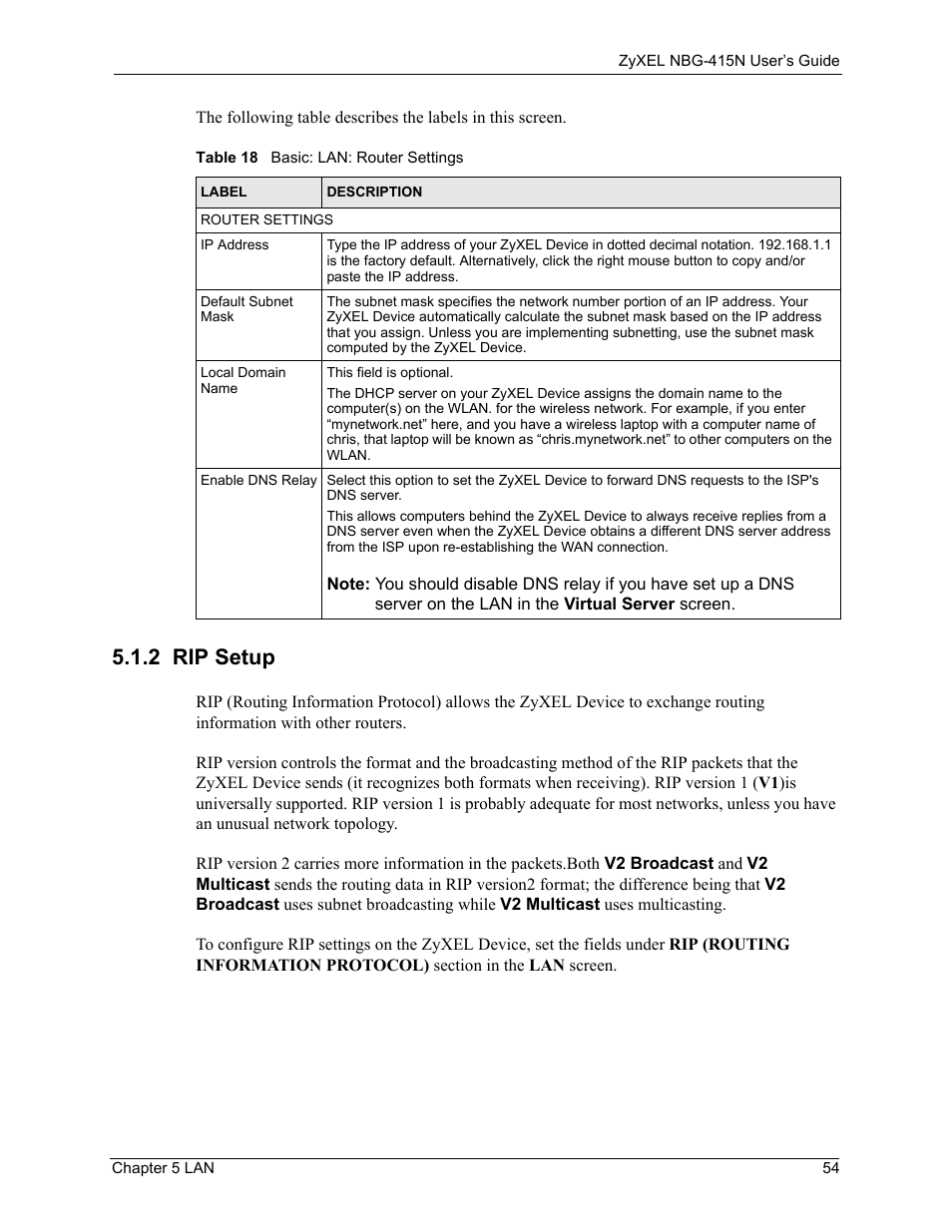 2 rip setup, Table 18 basic: lan: router settings | ZyXEL Communications NBG-415N User Manual | Page 54 / 155