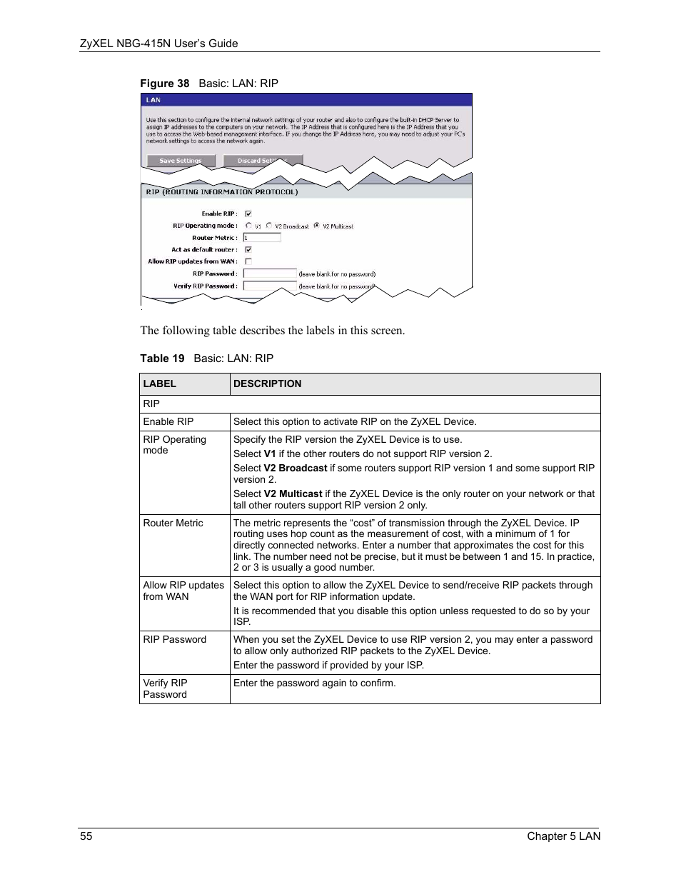 Figure 38 basic: lan: rip, Table 19 basic: lan: rip | ZyXEL Communications NBG-415N User Manual | Page 55 / 155