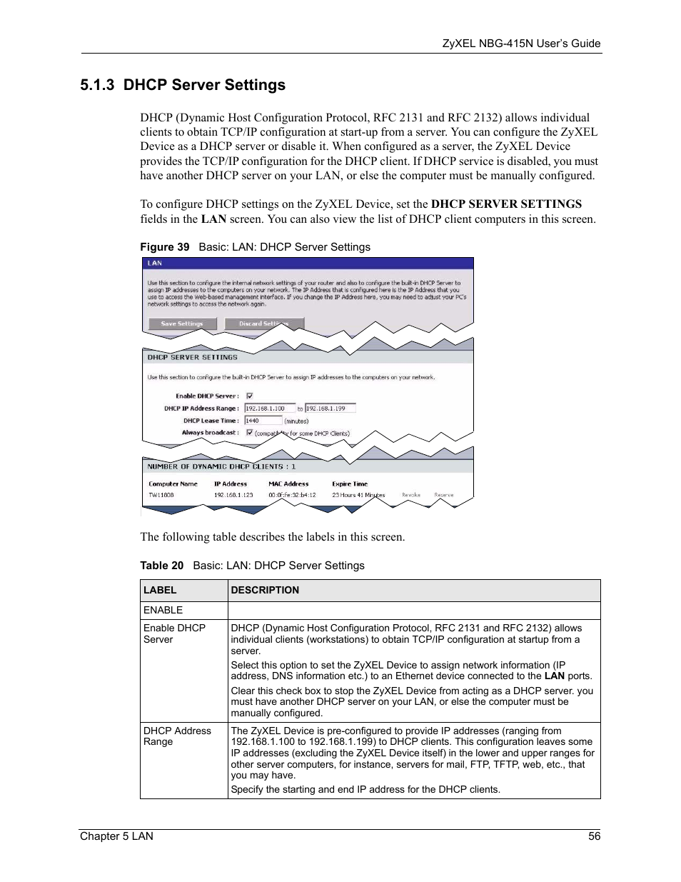 3 dhcp server settings, Figure 39 basic: lan: dhcp server settings, Table 20 basic: lan: dhcp server settings | ZyXEL Communications NBG-415N User Manual | Page 56 / 155