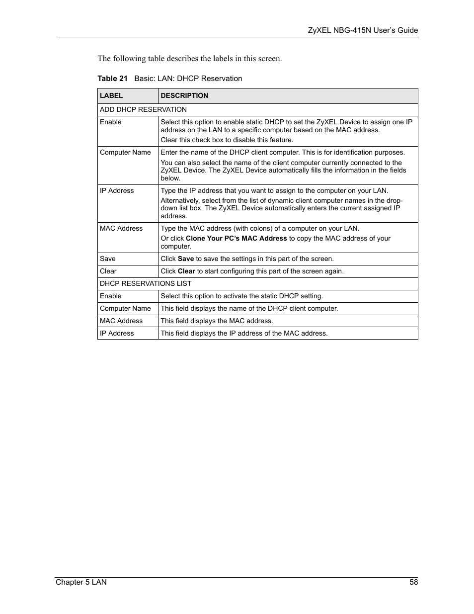 Table 21 basic: lan: dhcp reservation | ZyXEL Communications NBG-415N User Manual | Page 58 / 155