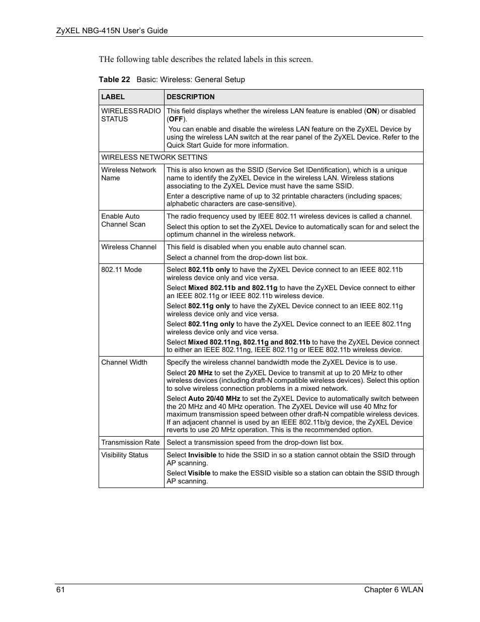 Table 22 basic: wireless: general setup | ZyXEL Communications NBG-415N User Manual | Page 61 / 155