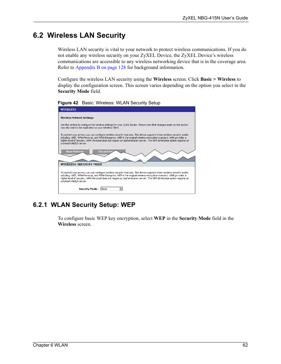 2 wireless lan security, 1 wlan security setup: wep, Figure 42 basic: wireless: wlan security setup | ZyXEL Communications NBG-415N User Manual | Page 62 / 155