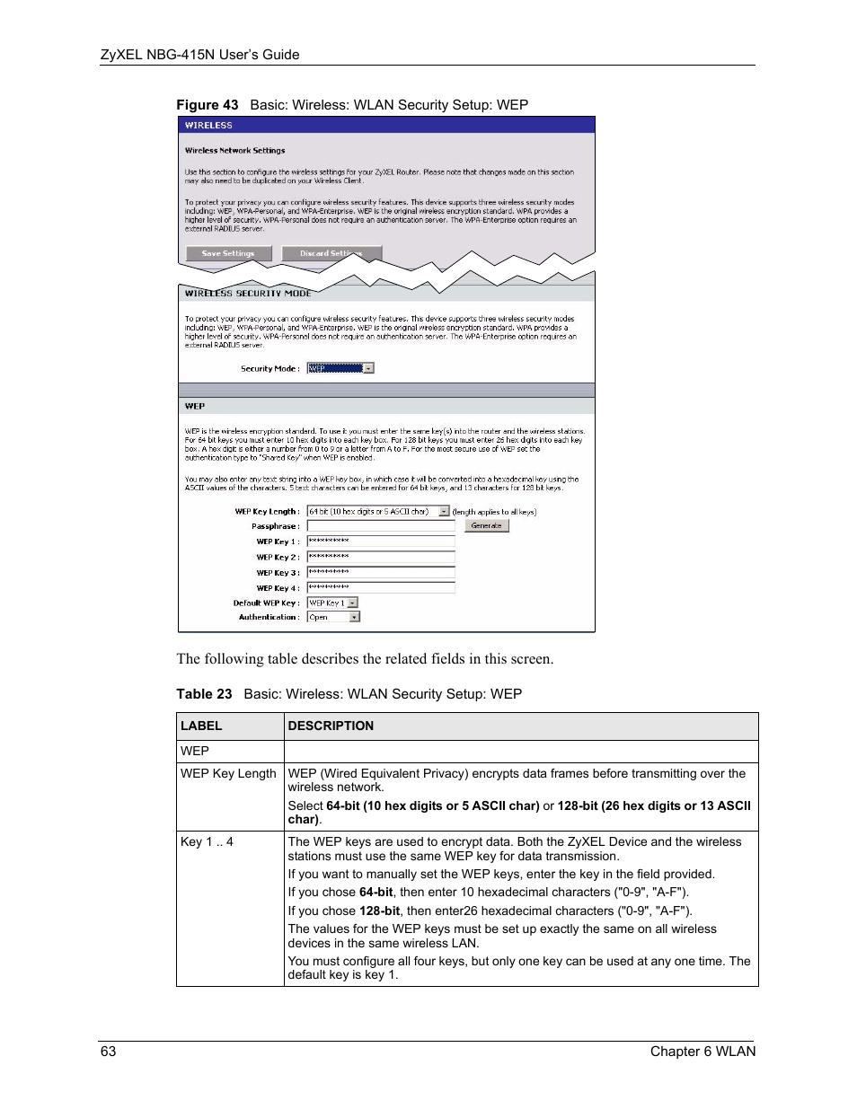 Table 23 basic: wireless: wlan security setup: wep | ZyXEL Communications NBG-415N User Manual | Page 63 / 155
