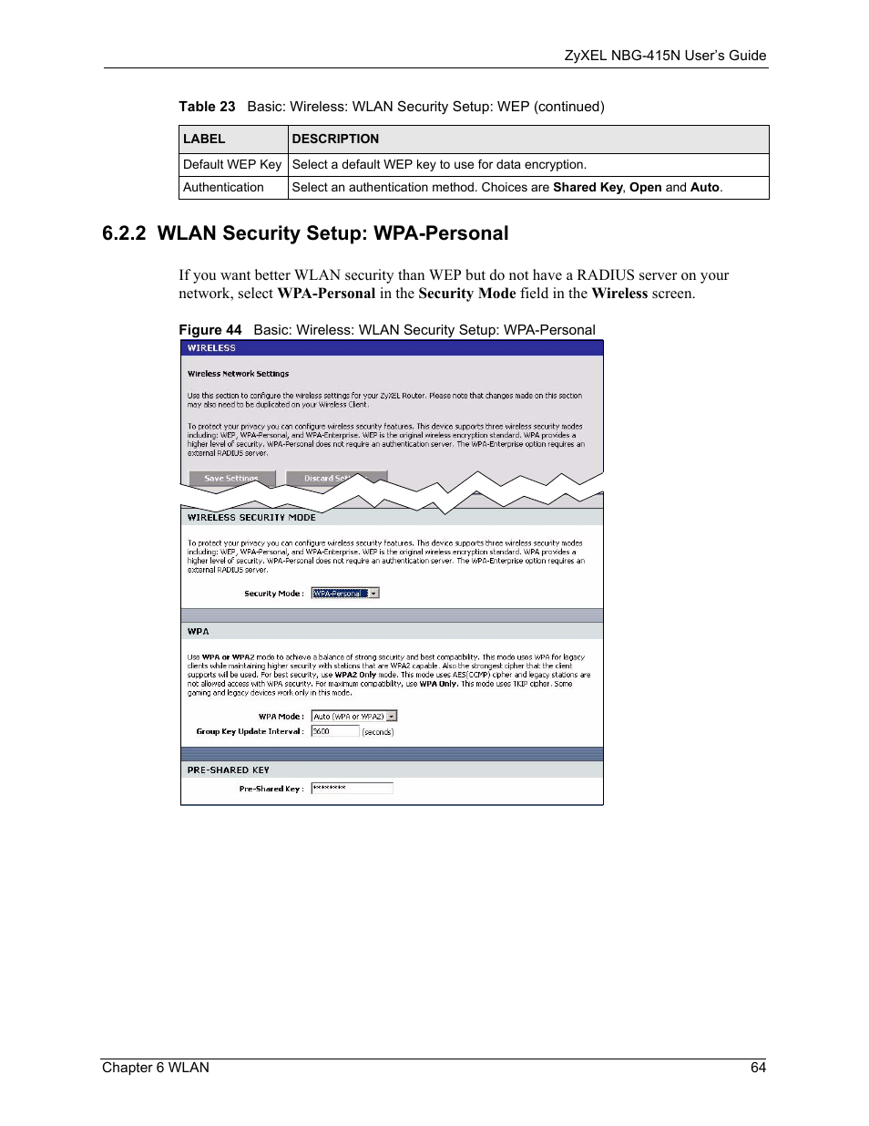 2 wlan security setup: wpa-personal | ZyXEL Communications NBG-415N User Manual | Page 64 / 155