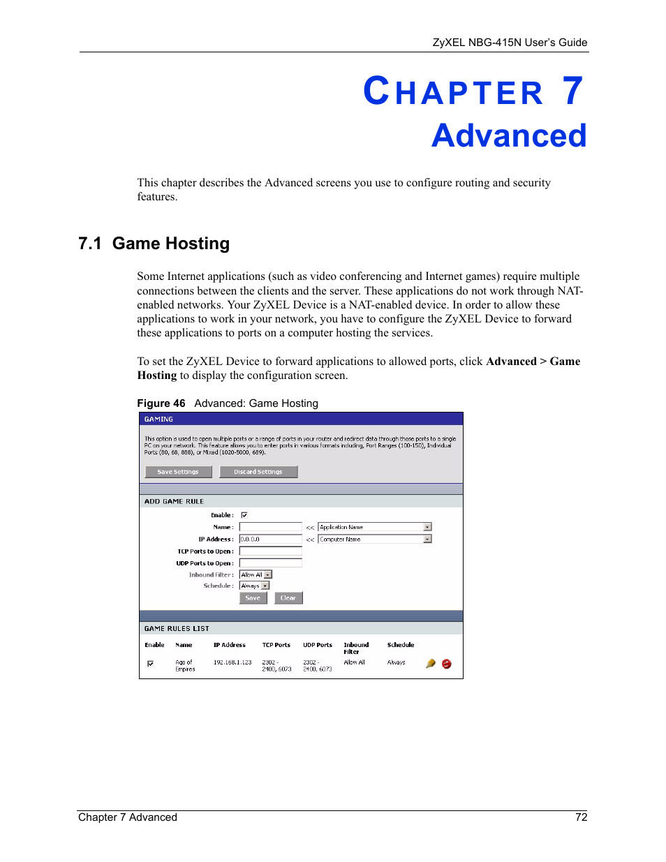 Advanced, 1 game hosting, Chapter 7 advanced | Figure 46 advanced: game hosting | ZyXEL Communications NBG-415N User Manual | Page 72 / 155